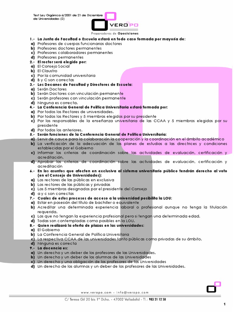 Test Ley Orgánica 6 2001 de 21 de Diciembre de Universidades 2
