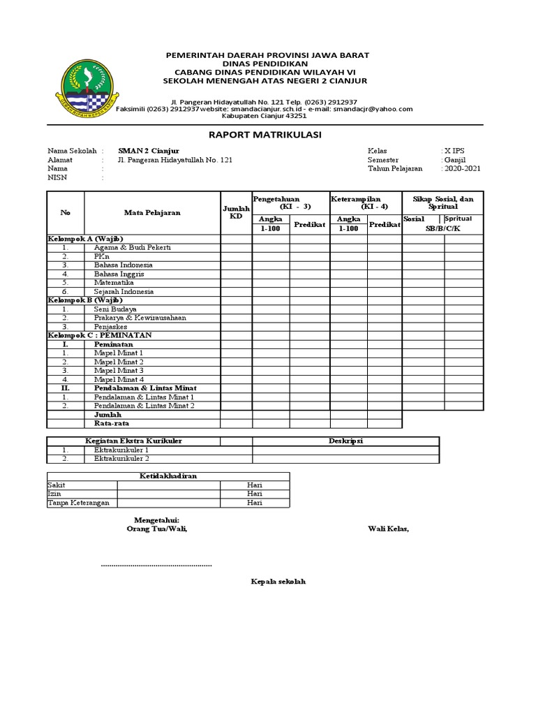 Contoh Raport Matrikulasi SMA | PDF