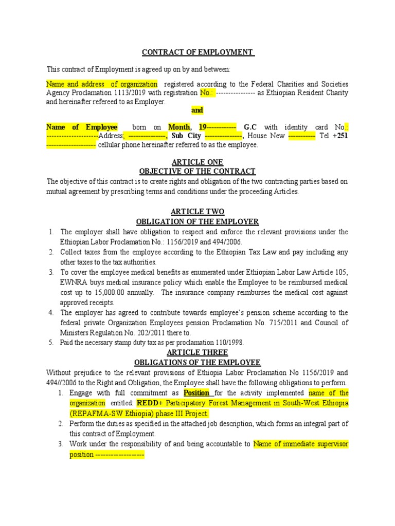 Ethiopian Employment Contract Template | PDF | Employment | Salary