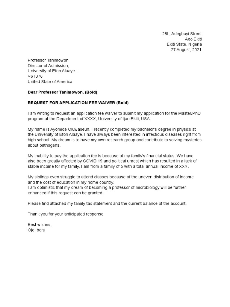 Application Fee Waiver Request Letter | PDF