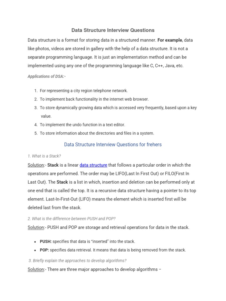 Data Structure Interview Questions: Applications of DSA | PDF | Queue ...