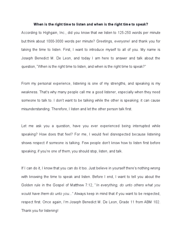 When Is The Right Time To Listen and When Is The Right Time To Speak? | PDF