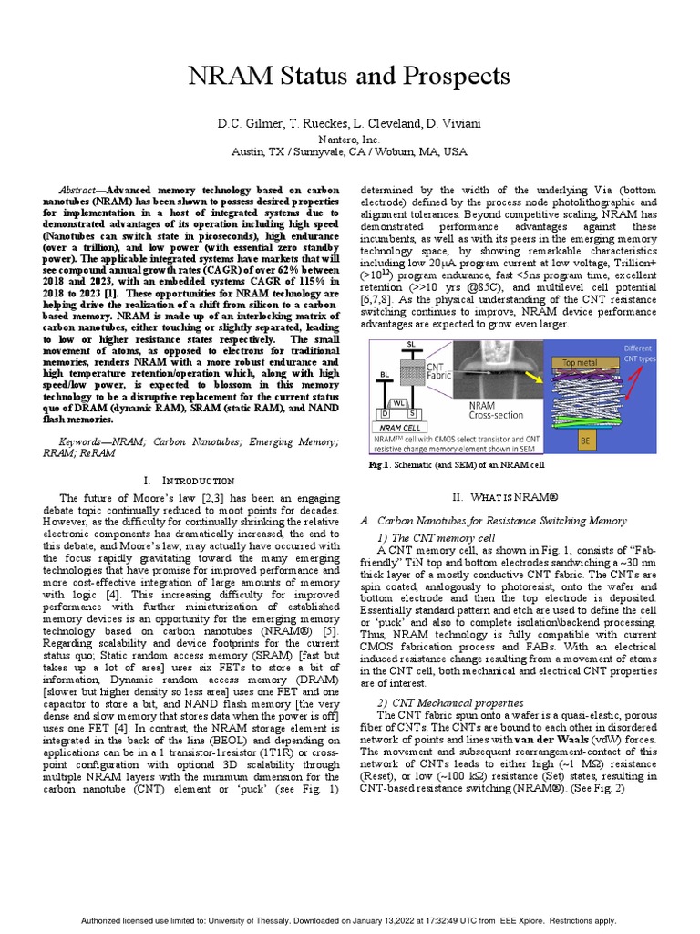 NRAM Status and Prospects: D.C. Gilmer, T. Rueckes, L. Cleveland, D ...