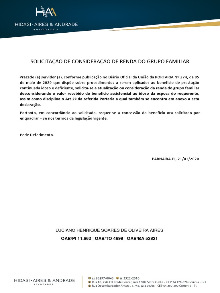 Declaração de Consideração de Renda Do Grupo Familiar | PDF