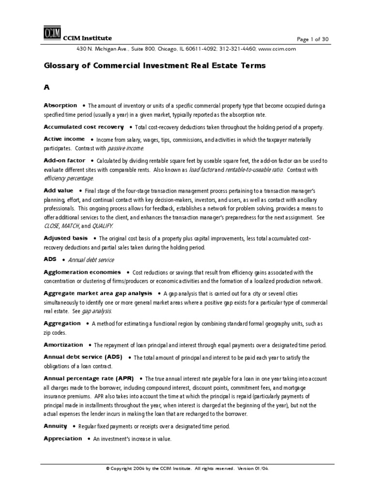 Glossary of Commercial Investment Real Estate Terms CCIM Institute