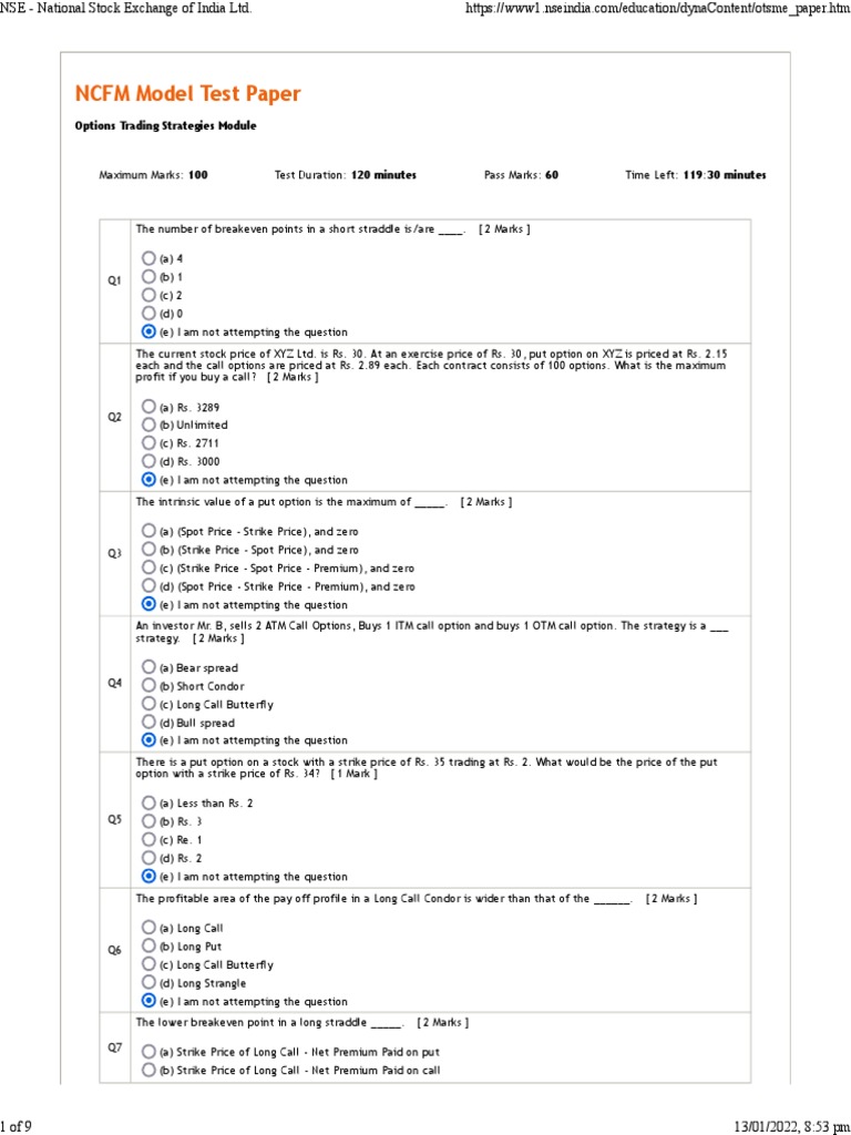 Options Trading Strategies Test Paper | PDF | Option (Finance) | Put Option
