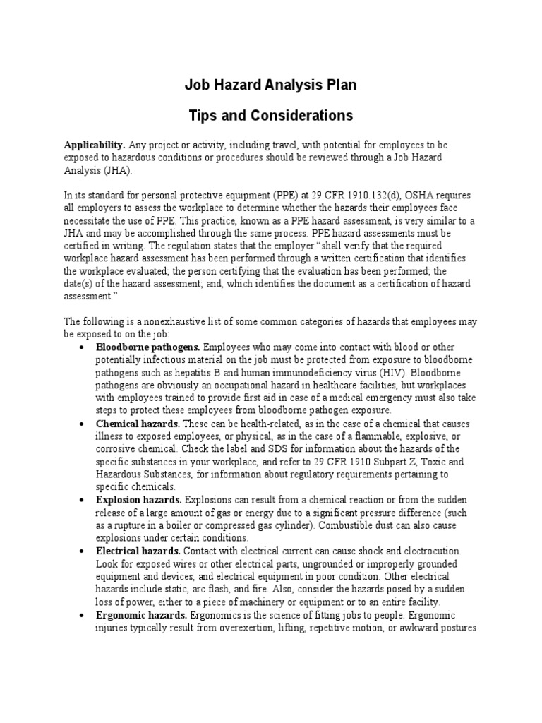 Job Hazard Analysis Plan PDF Personal Protective Equipment