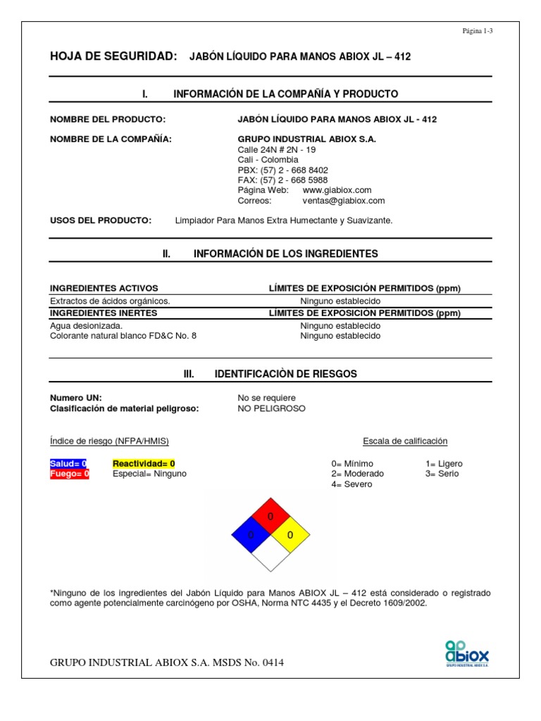 Hoja De Seguridad Jabón Líquido Para Manos Abiox Jl 412