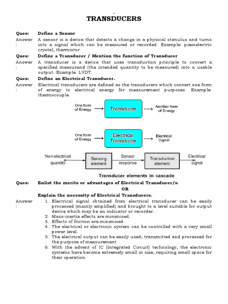 Transducers: Ques: Define A Sensor | PDF | Electrical Resistance And ...