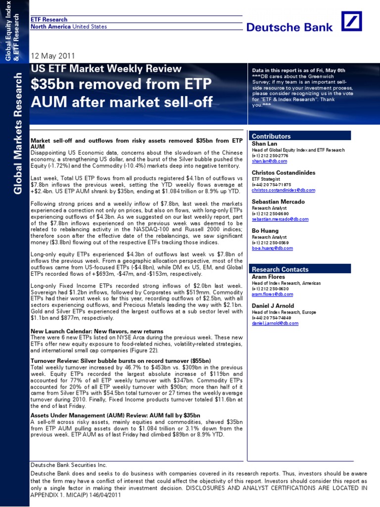 Deutsche Bank - US ETF Market Weekly Review: $35bn Removed From ETP AUM  After Market Sell-Off | PDF | Exchange Traded Fund | Beta (Finance)