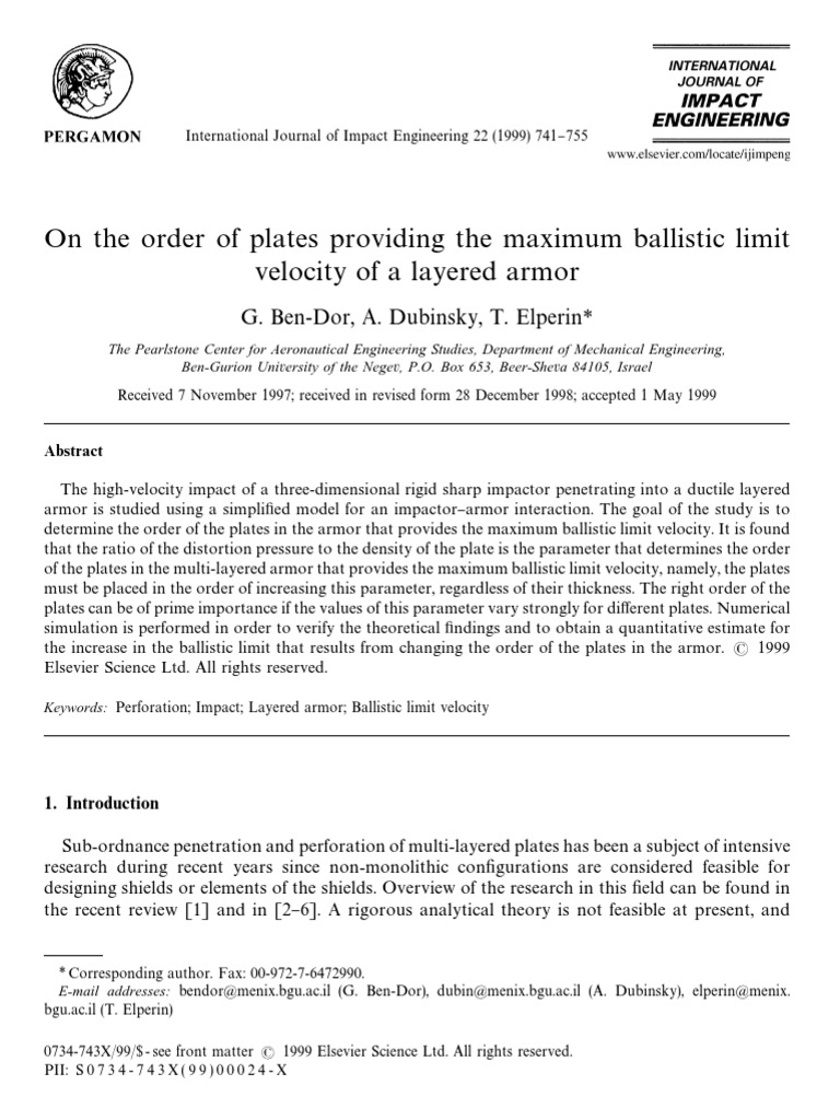 Ballistic Limit Velocity of A Layered Armor | PDF | Force | Derivative