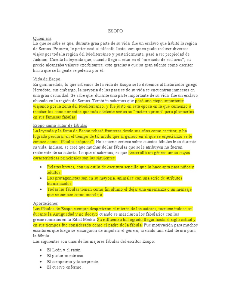 Vida y legado de Esopo, el fabulista | PDF | Fábula | Esopo