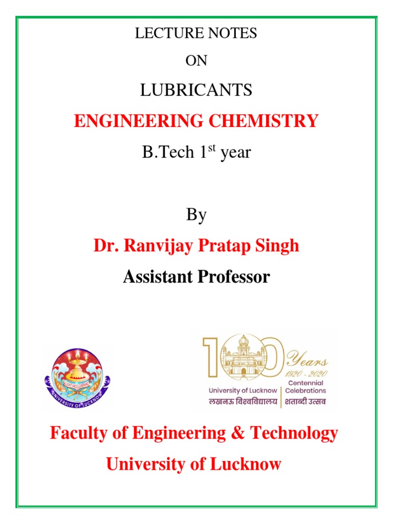 Engineering Chemistry Lubricants PDF Lubricant Viscosity