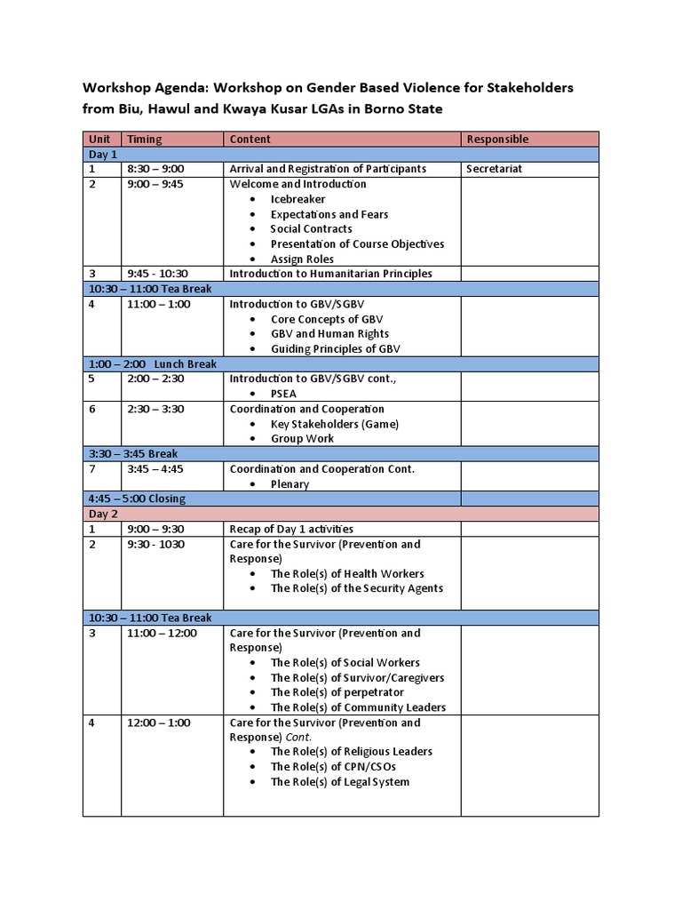Workshop Agenda: Workshop On Gender Based Violence For Stakeholders ...
