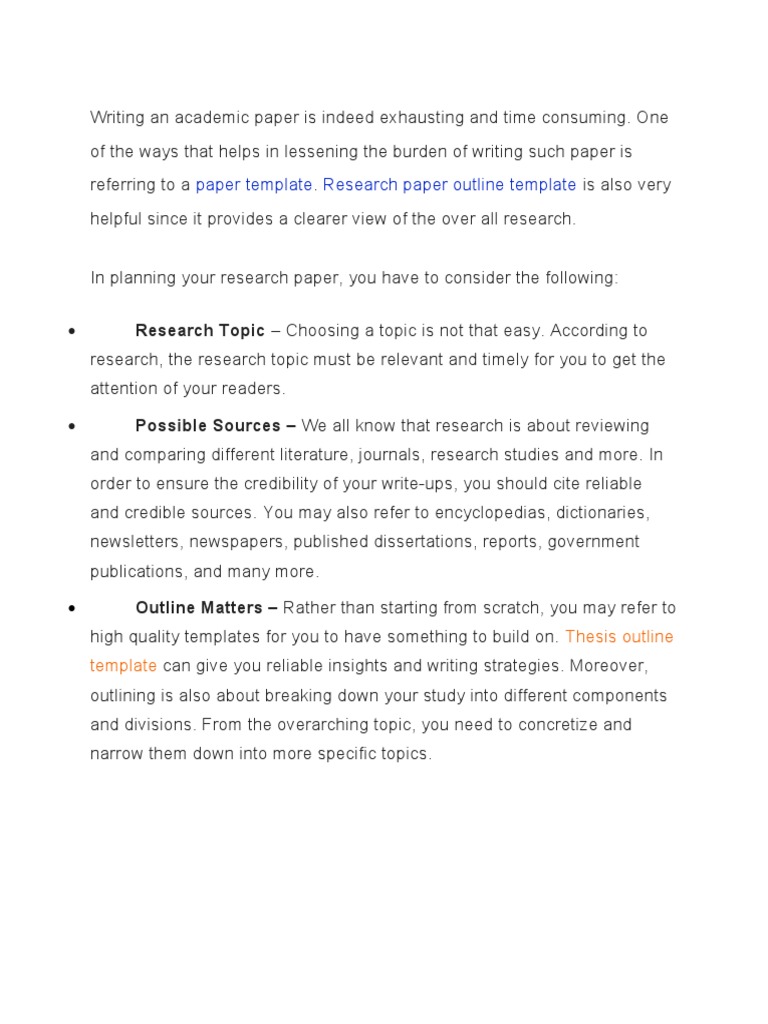 Paper Template Research Paper Outline Template: Research Topic ...