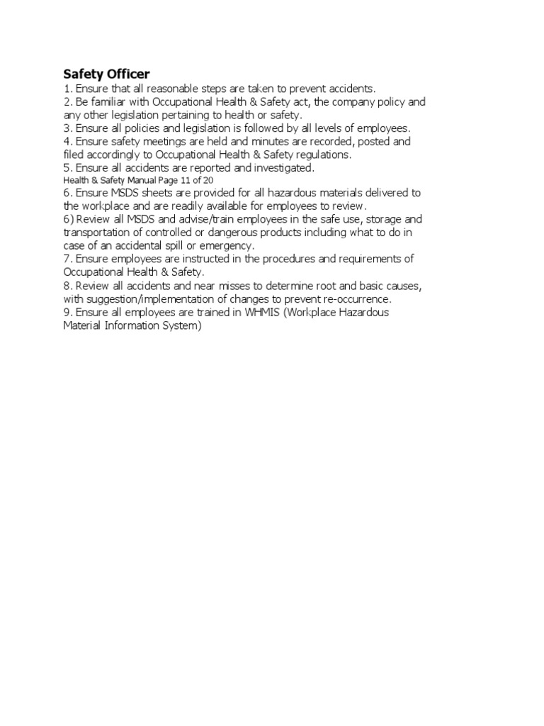 Safety Officer: Health & Safety Manual Page 11 of 20 | PDF