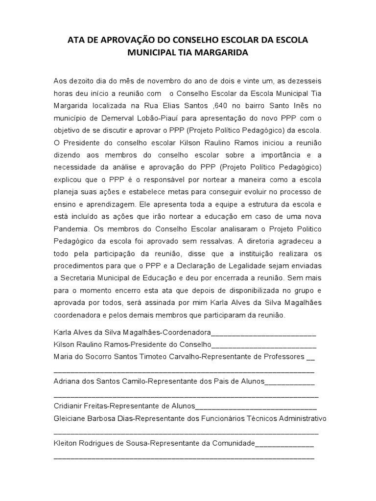 Ata de Aprovação Do Conselho Escolarda Escola Municipal Tia Margarida | PDF