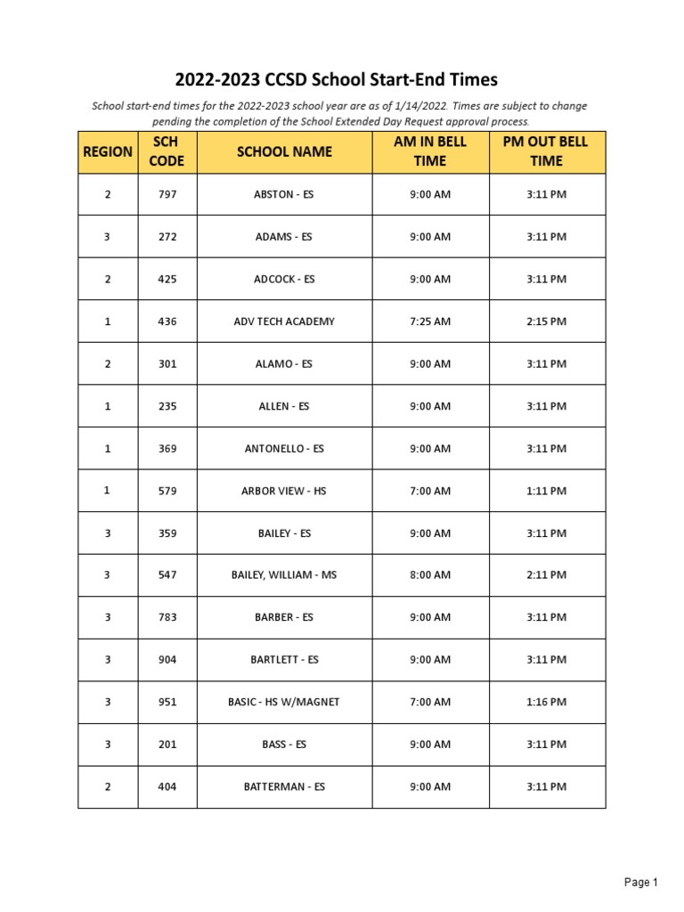 Ccsd Academic Calendar 2023 24 2022-2023 Ccsd School Start-End Times | Pdf
