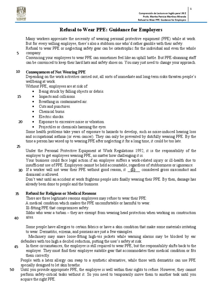 Refusal To Wear PPE Guidance For Employers PDF Personal Protective