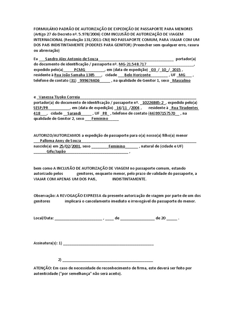 Formulário Padrão de Autorização de Expedição de Passaporte para Menores |  PDF, image size:768x1024