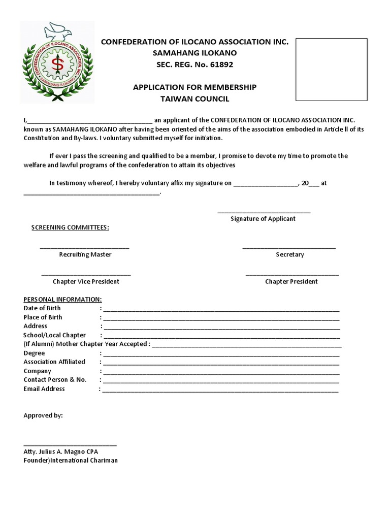 Confederation of Ilocano Association Inc. Samahang Ilokano SEC. REG. No.  61892 Application For Membership Taiwan Council | PDF | Government | Justice, image size:768x1024