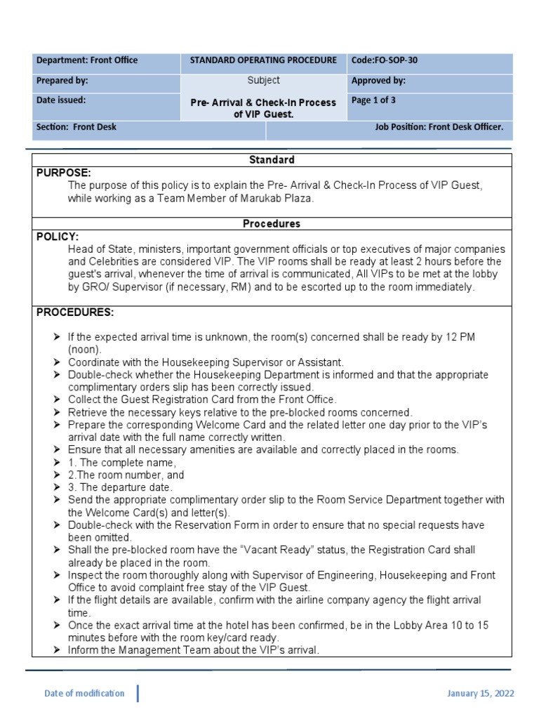 VIP Guest Check-In SOP | PDF