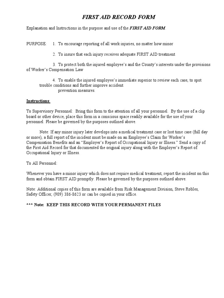 First Aid Record Form Instructions PDF