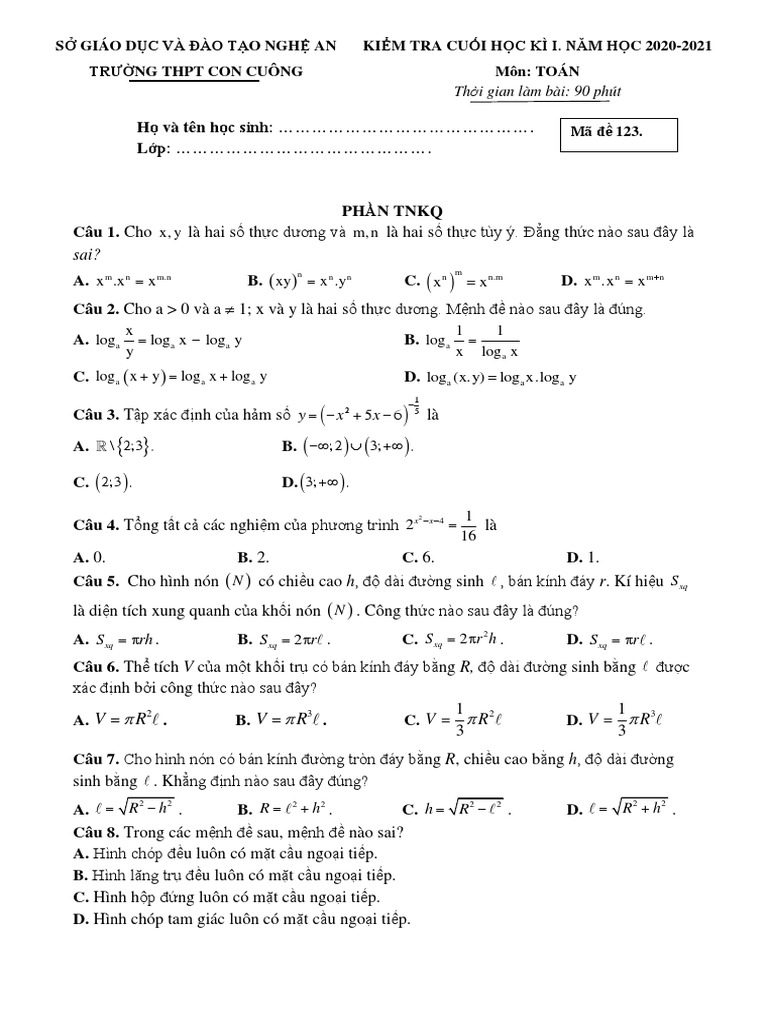 Đề Toán 12 - Mã đề 123 | PDF