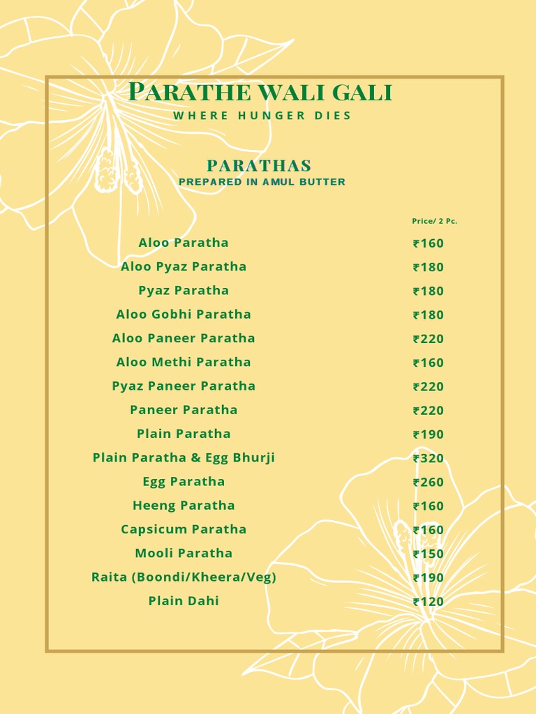 Parathe Wali Gali Menu and Prices | PDF