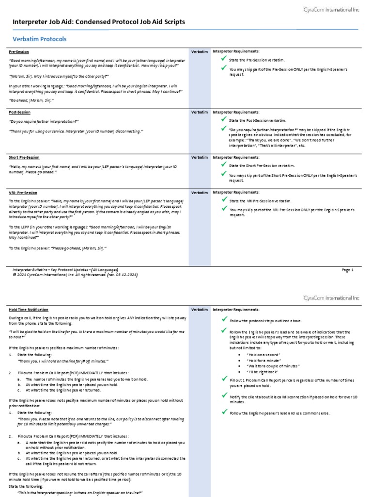 Condensed Protocol Job Aid Scripts | PDF | Language Interpretation ...