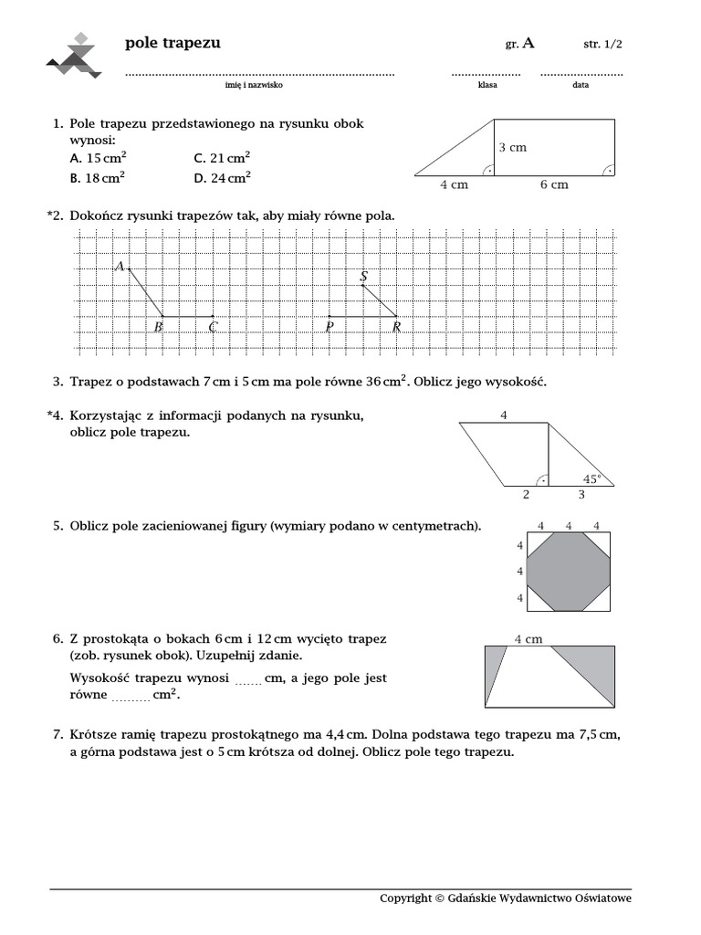 Pola Wielokątów Klasa 6 Zadania Pdf