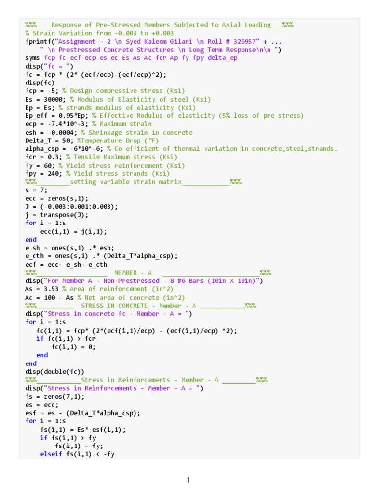 MatLab Code For Response of Pre-Stressed Members Subjected To Axial ...