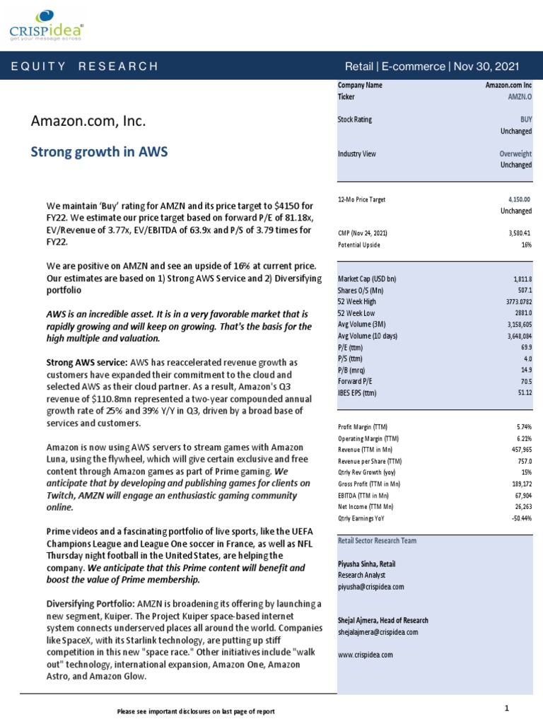 Amazon Research | PDF | Price–Earnings Ratio | Stocks