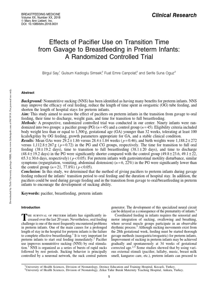 Effects of Pacifier Use On Transition Time From Gavage To Breastfeeding