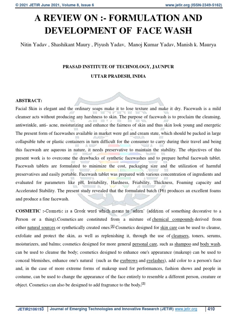 A Review OnFormulation and Development of Face Wash PDF Cosmetics
