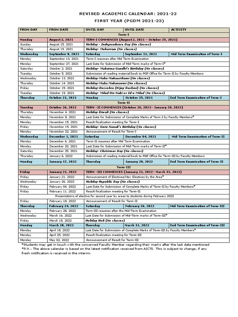 Revised Academic Calendar (2122) First Year PGDM 202123 PDF