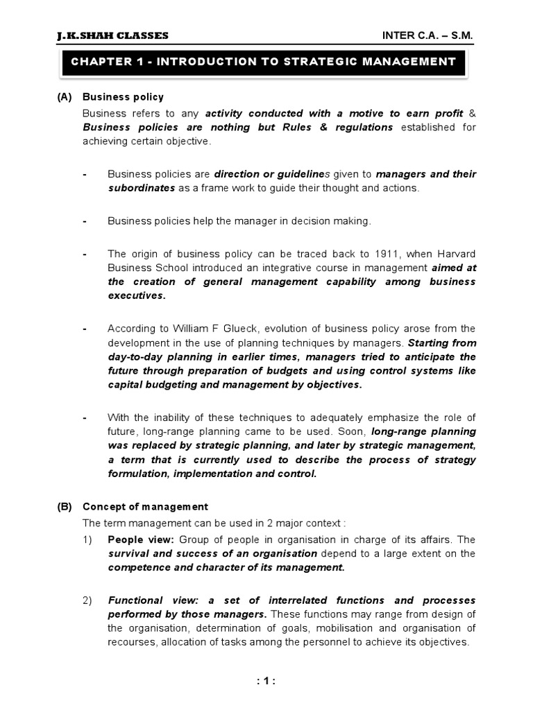 Chapter 1 - Introduction To Strategic Management: J.K.Shah Classes ...