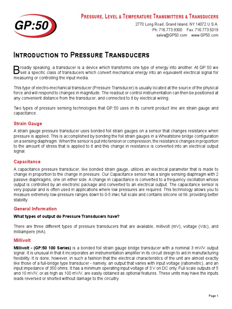 Pressure Transducer Overview and Types | PDF | Electrical Engineering ...