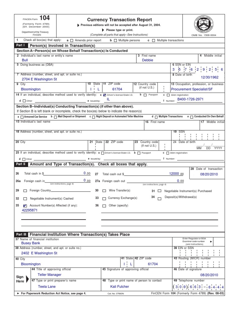 Fin104 CTR PDF Identity Document Financial Transaction