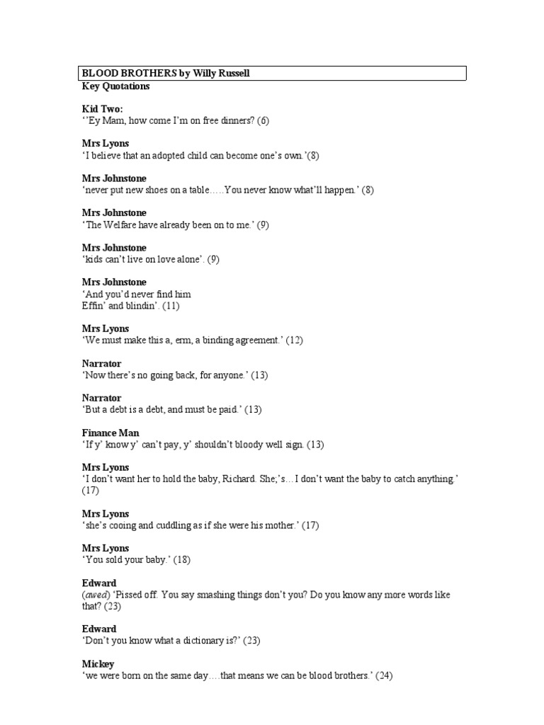 Blood Brothers By Willy Russell Pdf Entertainment General