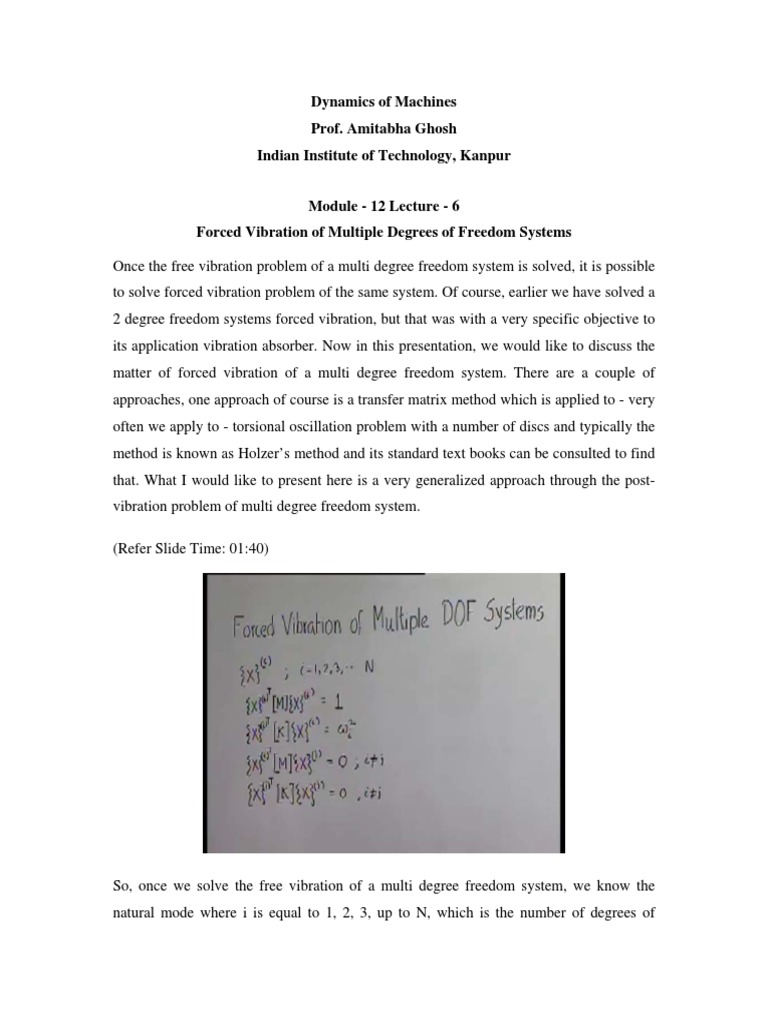 Dynamics of Machines Prof. Amitabha Ghosh Indian Institute of