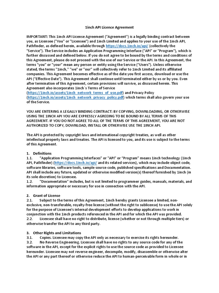 1inch API Licence Agreement | PDF | License | Indemnity