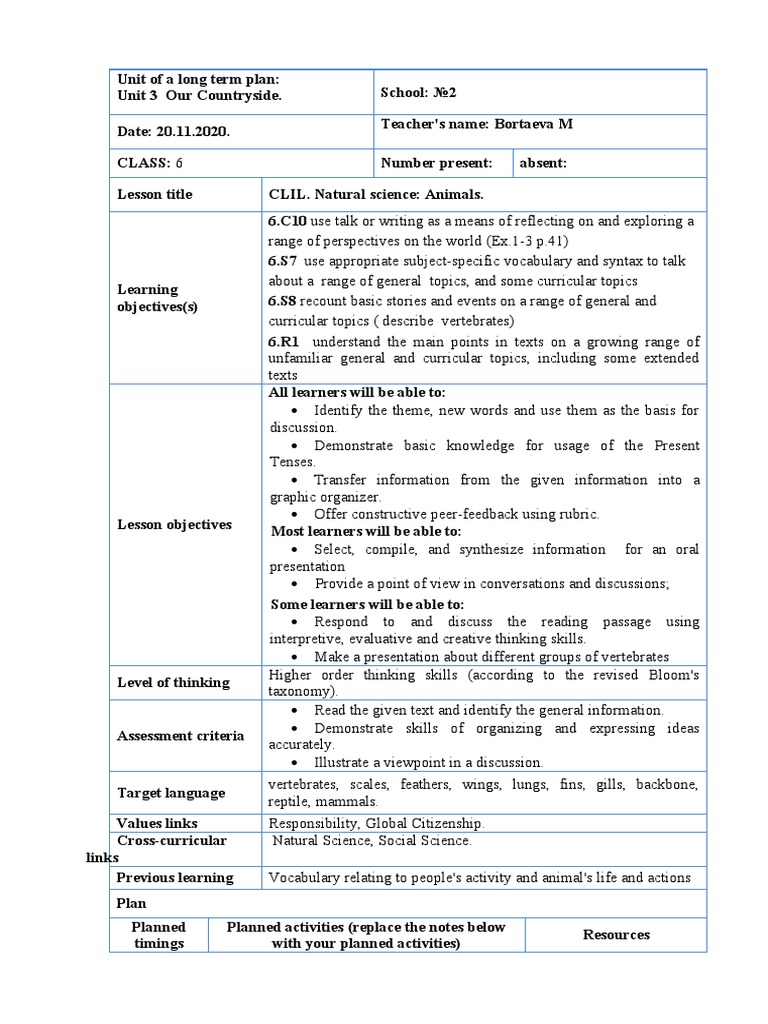 CLIL Lesson Plan: Vertebrates for Kids | PDF | Learning | Vertebral Column