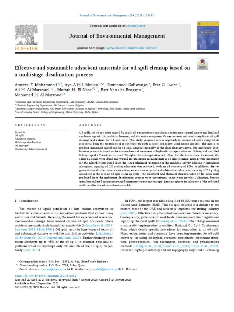 Effective and Sustainable Adsorbent Materials For Oil Spill Cleanup