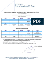 Calendario y Horario de Exámenes de La Primera Evaluación de 1º Bach