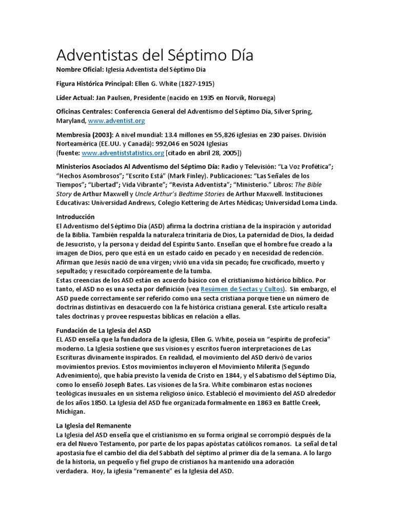 Creencias del Adventismo del Séptimo Día | PDF | Iglesia Adventista del ...