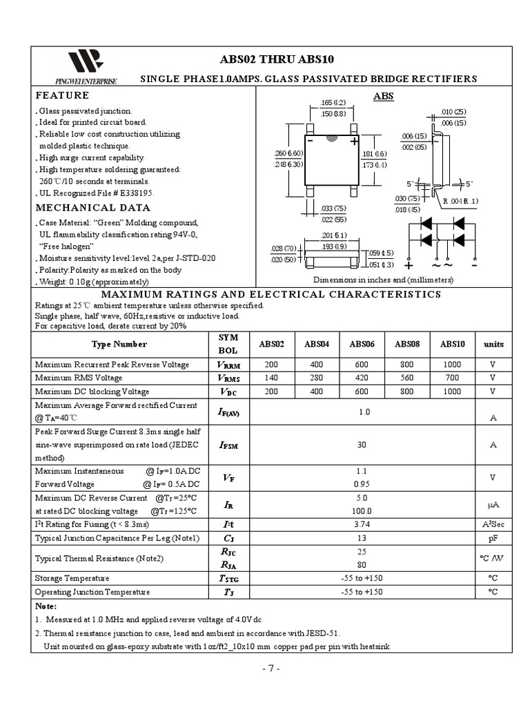 ABS210 Bridge Rectifier Specifications | PDF | Rectifier | Capacitor