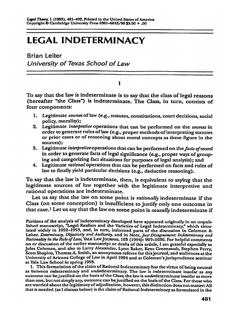 LEGAL INDETERMINACY Brian Leiter PDF Indeterminacy (Philosophy