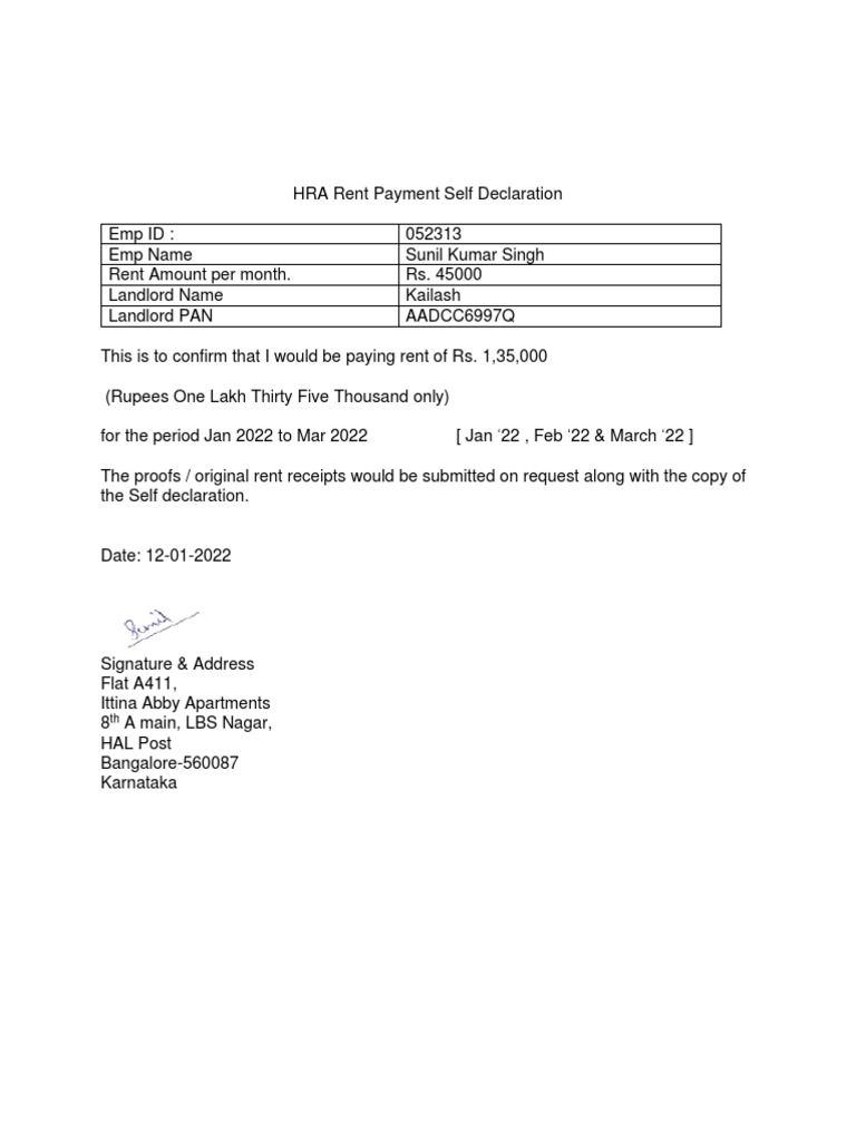 HRA Rent Payment Declaration Form | PDF