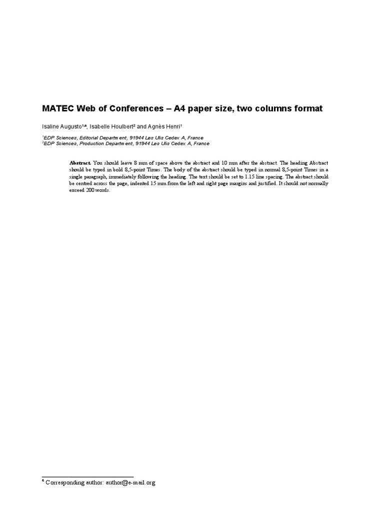 MATEC  of Conferences A4 Paper Size, Two Columns Format PDF Paragraph Arial
